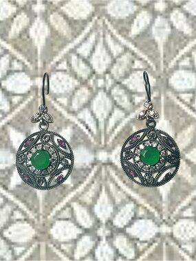 Turkish Sterling / Brass Green & Red Zircon Filigree Drop Earrings 1 7/8”